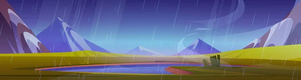 Rain sky landscape with mountain and pond view cartoon background illustration. Nature lake water near green grass outdoor park scene with empty meadow. Panoramic spring alps with rainfall weather.