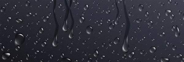 现实的水滴在透明的黑色表面上 阵雨凝结滴 湿玻璃杯上的纯水泡的矢量图解 潮湿的纹理背景 — 图库矢量图片