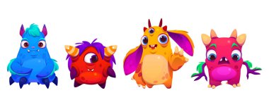 Sevimli çizgi film canavar vektör karakteri. Cadılar Bayramı illüstrasyonu için komik uzaylı seti. Yüzü, gözü ve ağzı olan mutlu bir çocuk hayvan. Komik bebek oyunu için izole edilmiş küçük canavar maskotu..