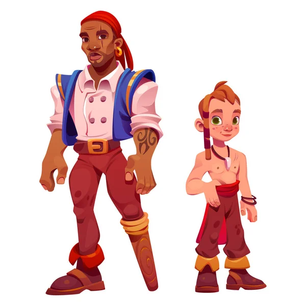 Cartoon Characters Captain Boy Pirates Cute Little Corsair African American — Stock Vector