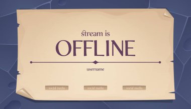 Çevrimdışı kağıt pankart tasarımı. Eski parşömen arka planında antik taş kale duvarında yazı var. Retro stili çevrimiçi oyun duvar kağıdı düzeni. Ortaçağ duyurusu, ekran koruyucu şablonu