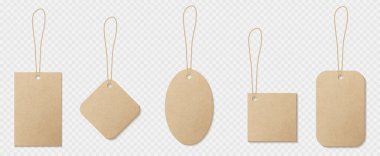 Kraft fiyat etiketi vektörü. Kablolu klasik kahverengi karton. Hediye için sicim kurdeleli eski, boş el işi kağıt tasarımı. İzole edilmiş boş organik karton desen çerçeve şablon koleksiyonu.
