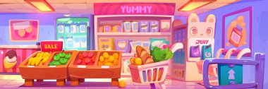 Şirin kawaii market iç vektör arka planı. Rafta yiyecek ve rafta yüz gerdirilmiş ürün sergisi olan nefis çizgi film süpermarketleri. Buzdolabında süt şişesi ve meyve var..