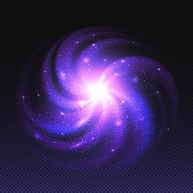 Mor nebula, parlayan gezegenleri ve yıldızları olan sarmal galaksi. Beyaz delikli ve samanyolu uzay bükülmüş andromeda sistemi, yıldızlararası tozlu derin kainat, şeffaf gerçekçi vektör