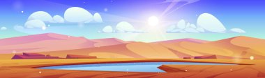 Göl suyu vektör geçmişi olan çöl manzarası. Afrika Sahra Sahra sahnesinde kuraklık içindeki boş vaha göleti. Mısır kum tepeleri oyun manzarası. Mavi gökyüzünde su birikintisi ve güneş ışığı var..