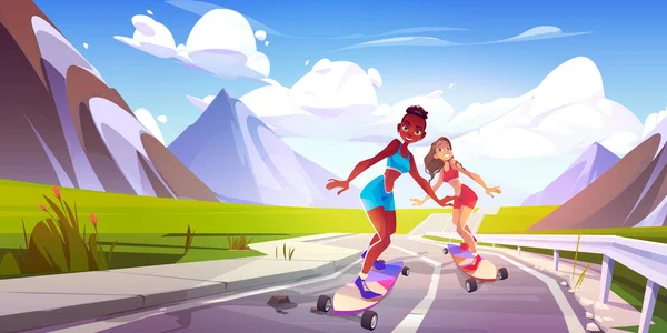 2人の若い女性が山の中でスケートボードに乗っている 岩の多い風景を背景に道路上でスポーツ活動を楽しむ幸せな女性キャラクターのベクトル漫画イラスト 夏休みのレクリエーション — ストックベクタ