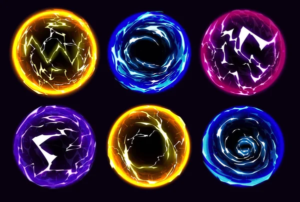 Cartoon Elektrische Blitze Leuchten Ball Neon Set Magische Energiekugel Isoliert — Stockvektor