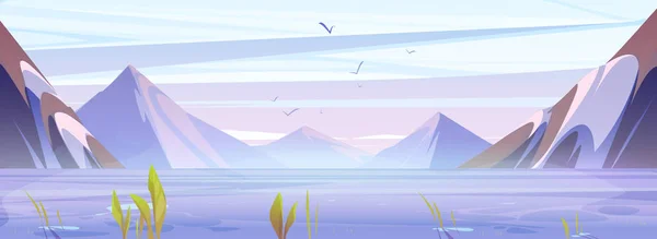 Mountain Early Morning Landscape Lake View Vector Cartoon Calm Illustration — Stock Vector