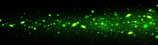 Zelené Světlušky Zářící Tmavém Průhledném Pozadí Vektorové Realistické Ilustrace Abstraktních — Stockový vektor