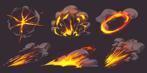 Juego Vectores Efectos Nube Fuego Explosivo Cómico Explosión Bomba Con — Archivo Imágenes Vectoriales