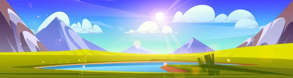 Mountain landscape with small lake in valley. Vector cartoon illustration of beautiful rocky range, meadow with green grass, blue water under sunny sky with sun shining bright. Summer vacation scene