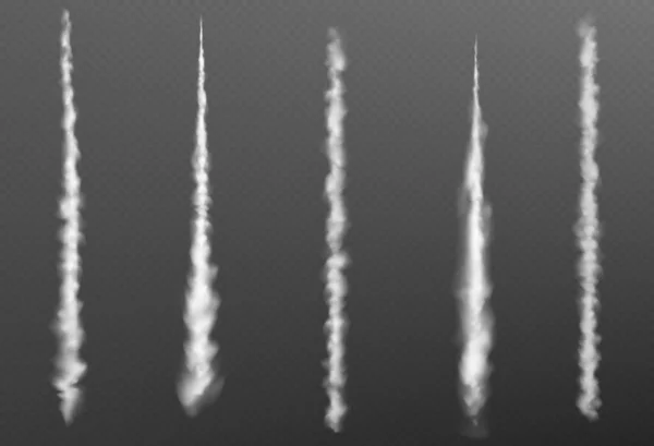 白烟尾迹效应 透明背景上的射流矢量白色尾迹线 3D飞机飞行速度蒸气 现实的飞机尾流运动纹理 气体爆裂曲线路径跟踪 — 图库矢量图片