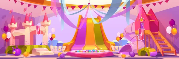 供孩子们休闲的卡通游乐场 有公主城堡蹦床的幼儿园 干水池 气球等的游戏空间的病媒图解 儿童活动区 — 图库矢量图片