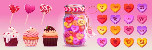 Conversation Colorée Bonbons Sucettes Caramel Muffins Isolés Sur Fond Rose — Image vectorielle