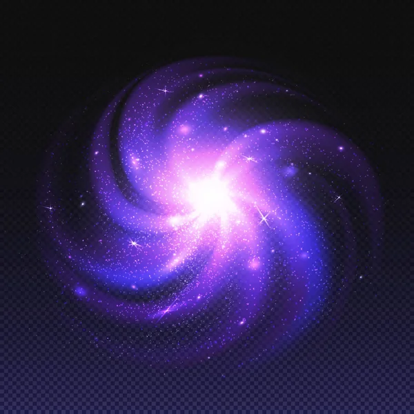 紫色の星雲 輝く惑星や星を持つ渦巻銀河 白い穴と乳白色の方法を持つ空間ツイストアンドロメダシステム 星間塵と深い宇宙 透明上の抽象的な現実的なベクトル — ストックベクタ