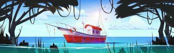 Cartoon Jungle Stagno Acqua Con Barca Pesca Vettoriale Illustrazione Pesca — Vettoriale Stock