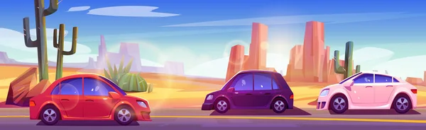 Auto Rijden Asfalt Snelweg Reis Woestijn Vector Achtergrond Perspectief Zijaanzicht — Stockvector
