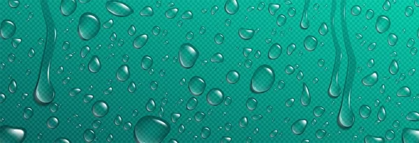 Gocce Acqua Realistiche Superficie Turchese Trasparente Illustrazione Vettoriale Goccioline Pioggia — Vettoriale Stock
