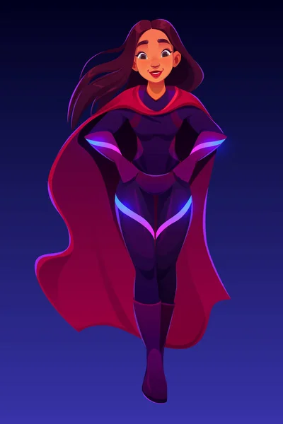 Kırmızı Pelerinli Süper Kahraman Kız Elleri Belinde Koyu Bir Arka — Stok Vektör