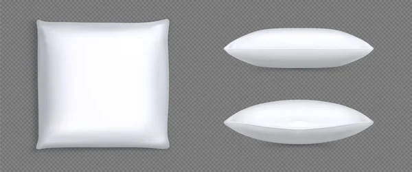 白い四角形の枕の現実的なベクトルイラスト 綿クッションモックアップ トップサイドビュー 透明背景に隔離されたセット 睡眠のための羽を持つ3Dソフトブランク生地パッド — ストックベクタ