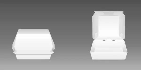 ホワイト段ボールバーガーボックス リアルなベクトルイラスト 紙テイクアウトブランクパッケージのためのファーストフード ランチコンテナテンプレート オープンとクローズモックアップ 灰色の背景に隔離されたフロントビュー — ストックベクタ