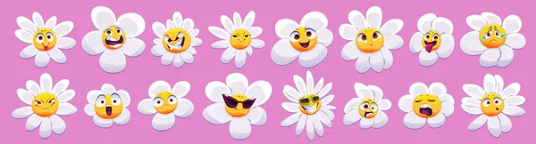 カモミールの花の顔の感情ベクトルセット隔離された 幸せと泣き顔の表情で漫画のグルービー植物キャラクターのアイコンイラスト Y2Kサイケデリックポップカモミールの花のアバター — ストックベクタ