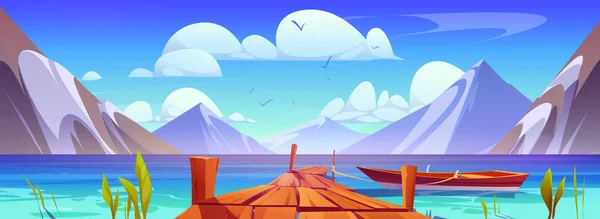 山の景色漫画の風景と湖の上の桟橋 ロープ絵の旅行の背景イラスト上のボートと海の水の上に木製のドック 北欧の自然湾のパノラマと日光と雲 — ストックベクタ