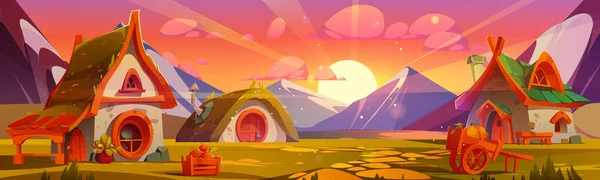 日没の山の谷の漫画のドワーフの村 秋に丸い窓 農業機器 果物や野菜の収穫と小さなおとぎ話の家のベクトルイラスト ファンタジーゲームの背景 — ストックベクタ