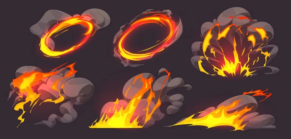 Игровой Эффект Огня Огненная Анимация Облаками Дыма Комический Взрыв Взрыв — стоковый вектор