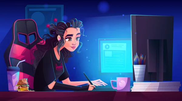 Designer Feminina Trabalhando Computador Noite Vetor Desenho Animado Ilustração Jovem — Vetor de Stock