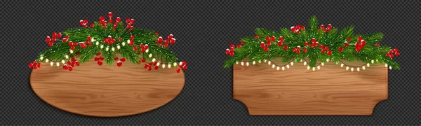 Weihnachtsholzschild Mit Tanne Und Roten Beeren Realistischer Rahmen Für Winterliche — Stockvektor