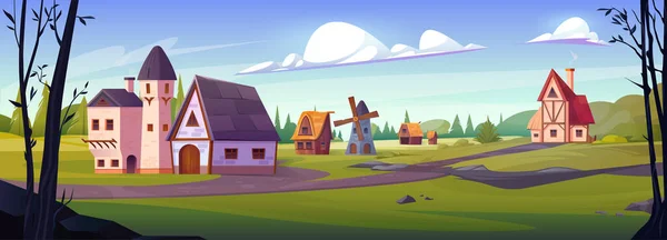 Mittelalterliches Haus Märchenwald Dorf Cartoon Vektor Illustration Königreich Landschaft Naturlandschaft — Stockvektor