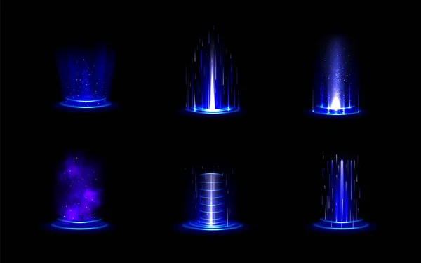 一组现实的蓝光门被隔离在黑色背景中 带有霓虹灯全息图和发光尘埃的圆形讲台矢量图解 未来的传输 神奇的能量效应 未来的技术 — 图库矢量图片