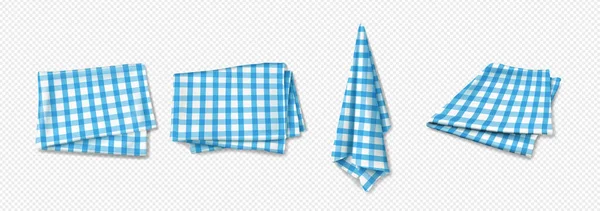 Set Realistico Asciugamani Cotone Blu Quadretti Appesi Sdraiato Ripiegato Isolato — Vettoriale Stock
