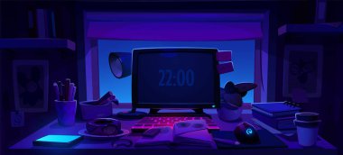 Geceleri ofis çalışma masası pencerenin yanında. Öğrenciler için çalışma odasındaki masa başı iş yeri iç tasarımı. Masaüstü ve klavyenin yanındaki fare ile geç karanlık illüstrasyon. Çizgi film eğitim yeri kavramı