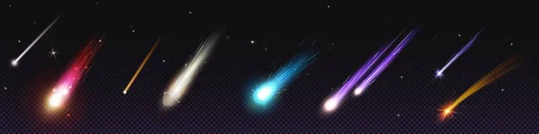 彗星和流星体坠落速度轨迹星系向量集 3D流星雨与火焰在天空中的效果与恒星 夜间解说孤立飞行的天文学物体尾翼 快速发射宇宙尘埃 — 图库矢量图片