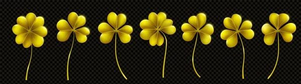 3D金シャムロック聖パトリック日葉のクローバーは 透明な背景に隔離されたセット 本物の幸運アイリッシュ4葉の黄金の草様々なデザインのクリップ アイルランドお祝いケルトのシンボルコレクション — ストックベクタ