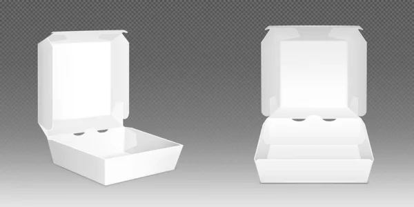 白色纸盒汉堡 现实的病媒图解 快餐用纸外卖空白包装 午餐容器模板 打开模型 在透明背景下隔离前角视图 — 图库矢量图片