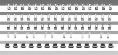 Şeffaf arkaplanda izole edilmiş gerçekçi defter klasörleri. Demirin vektör çizimi, plastik spiral tel, kitap, günlük, not defteri, albüm, eskiz defteri. Ofis sayfası