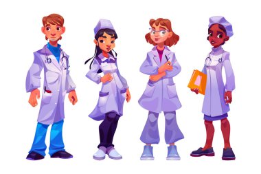 Hastane personeli, doktorlar ve hemşireler. Tıbbi karakterler, profesyonel tıp çalışanları. Beyaz arka planda izole edilmiş hastane ya da sağlık kliniğinde çalışan bir grup vektör karikatür.
