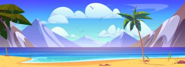 Vector Summer Sea Beach çizgi filminin dağ manzaralı arka planı. Okyanus tropik cennet manzarası. Kum kıyısı ve palmiye ağacı var. Vahşi kıyı şeridi kavramına sahip egzotik Akdeniz Körfezi Panorama illüstrasyonu