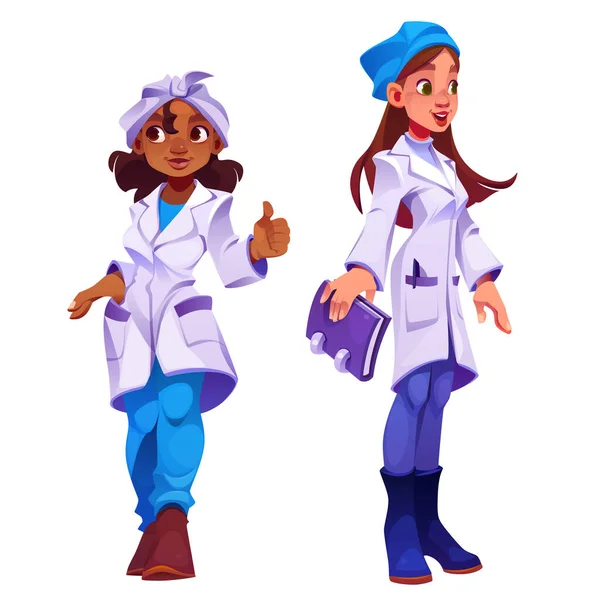 女性医師漫画ベクトル文字 隔離された女性病院スタッフがイラストを設定しました 歯科医とセラピストとの専門医療チーム キャップと一致した幸せな若いアフリカの薬剤師 — ストックベクタ