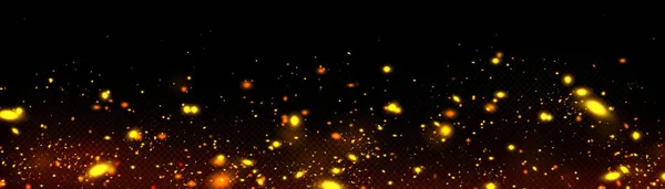 妖精のほこりと黄金のホタルの光 マジックグロー絶縁ベクトル効果 暗い透明な背景に隔離された夜のボケの輝きのテクスチャ キラキラ粒子で美しいフレアオーバーレイ — ストックベクタ