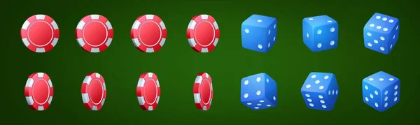 一套现实的赌场筹码和骰子被绿色背景隔离了 游戏中的红色游戏符号和蓝色方块的矢量图解 游戏点转 动画传播表 Ui设计元素 — 图库矢量图片