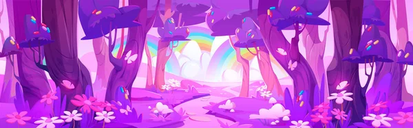 粉色魔法森林与彩虹漫画矢量景观 童话般的紫色自然场景 花朵在草地上 童话般的全景 为奇幻冒险环境游戏 美丽的花园仙女画 — 图库矢量图片