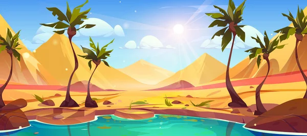 Kreslená Oáza Poušti Sahara Palmovým Vektorem Krajiny Pozadí Dubaj Přelud — Stockový vektor