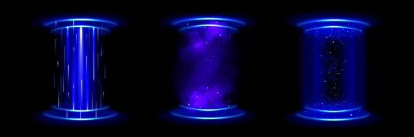 Magic Portal Teleport Hologram Effect Circle Futuristic Podiums Blue Neon — Stock Vector