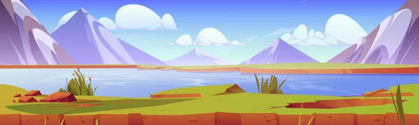 Berglandschaft Mit Blauem Fluss Vector Cartoon Illustration Von Schönen Felsigen — Stockvektor