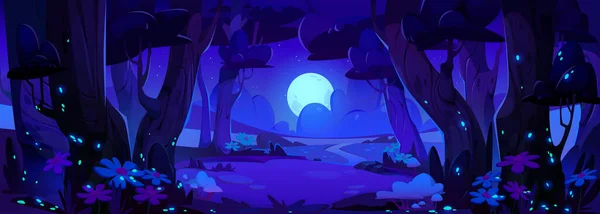 Нічний Ліс Векторний Пейзаж Сцени Феєрверком Місячним Світлом Темне Зоряне — стоковий вектор
