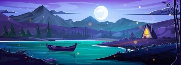 夜のホタルは 湖の漫画のベクトルの風景でボートの近くの森を飛ぶ 川や松の木の上に雲と空の月 美しい山の景色とカナダやスイスのバナーでのハイキング — ストックベクタ